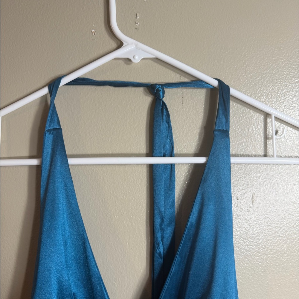Y2K Teal Satin Ruched Halter Mini Party Dress Medium - Picture 2 of 4